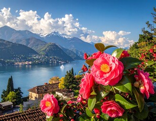 Scenic Landscape of Flowers, Lake, Mountains and Architecture on a Sunny Day
