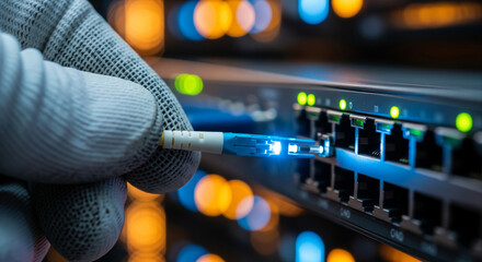 A technician's gloved hand plugging a glowing fiber optic cable into a network switch in a data center