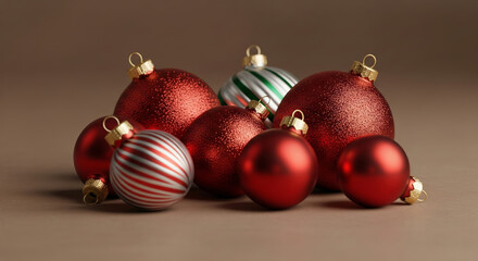 Elegant 3d render of a collection of red christmas baubles with various textures on a brown background