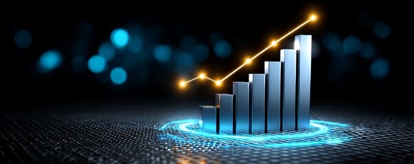 Obraz premium Successful stock market statistical information and trends. Illuminating Blue and Gold Candlestick Chart on High-Tech Economic Background with Copy Space