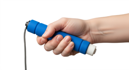 Close up of Hand Gripping Blue Jump Rope Handle for Fitness Workout