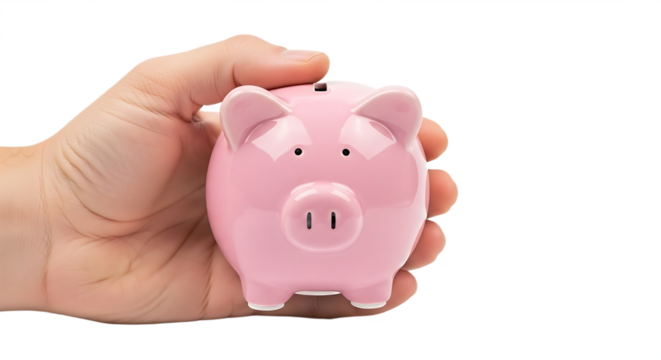 Close up of a Persons Hand Holding a Classic Pink Ceramic Piggy Bank