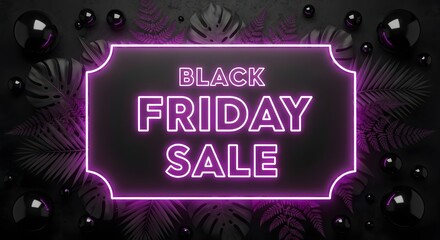 Black friday sale neon sign with purple glow and dark tropical leaves, representing retail discounts and shopping events