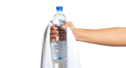 Close up of Hand Holding Water Bottle and Towel, Emphasizing Hydration