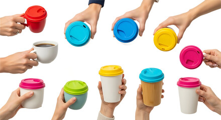 Different Hands Presenting Colorful Reusable Travel Mugs and a Coffee Cup