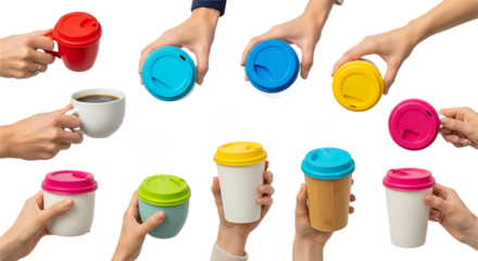 Different Hands Presenting Colorful Reusable Travel Mugs and a Coffee Cup