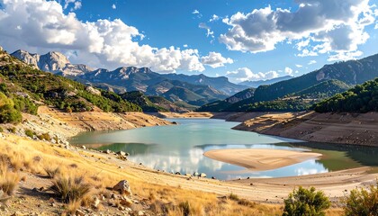 Scenic Landscape of Lake and Mountains Under a Blue Sky with Clouds