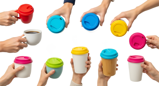 Different Hands Presenting Colorful Reusable Travel Mugs and a Coffee Cup
