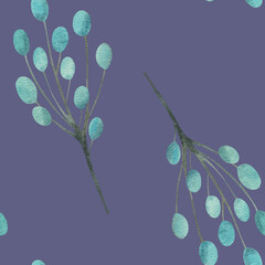 Beautiful colourful blue berries on branch, blueberries on violet background, seamless floral botanical pattern. Watercolor hand drawn. For fabric, textiles, wrappers, covers, prints, office