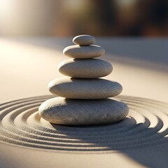 Stunning zen stones stacked in perfect balance on raked sand evoke peace, mindfulness, and tranquility for wellness retreat or meditative practice ads