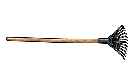 A garden rake with a wooden handle and black tines on a white background.