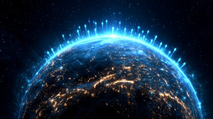 Obraz premium Global business, market growth, worldwide commerce futuristic, dark blue background. Global Economic Growth Concept with Polygon Earth, Arrows, and Borderless Commerce | Copy Space for Text