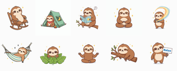 Cute cartoon sloth illustrations displaying varied activities and expressions on white background