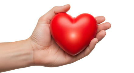 Fototapeta premium Hand Gently Holding a Bright Red Heart Shape on a Clean White Background