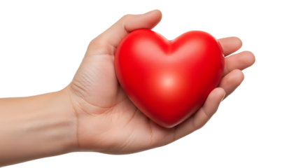 Hand Gently Holding a Bright Red Heart Shape on a Clean White Background