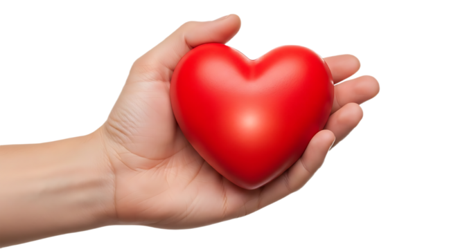 Hand Gently Holding a Bright Red Heart Shape on a Clean White Background