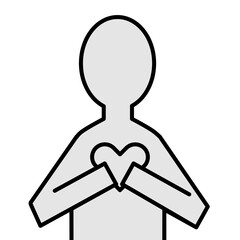 胸に手を当ててハートを持つシンプルな人物ピクトグラム