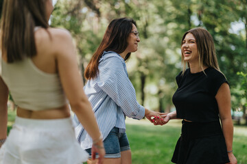 A group of friends sharing a joyful interaction in a natural outdoor park, showcasing happiness, connection, and casual lifestyles under a warm atmosphere.
