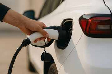 close up man holding power supply cable at electric vehicle charging station