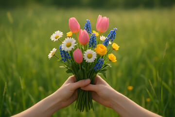 person holding a bunch of cosmos flowers in their hands with a blurred background