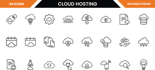 Set of cloud hosting icons, isolated on white background, depicting various aspects of cloud technology and digital infrastructure