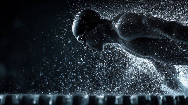 Professional swimmer launching off the starting block, water splashing in all directions, dark minimal background, high contrast and sharp freeze-frame action.