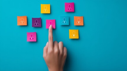 Person's hand, global structure customer network technology, customer service technology, Connecting Through Technology: Hand Pointing at Digital CRM Profile Cards for Recruitment and Customer 