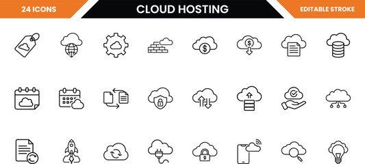 Cloud hosting icons set, collection of 34 editable stroke icons for web and mobile, including cloud storage, data transfer, security, and analytics, isolated on white background