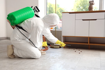 Female pest control specialist carrying out cockroach disinfection in room
