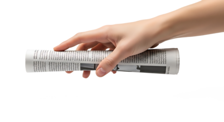 Hand Holding a Rolled Newspaper Against a Pristine White Background