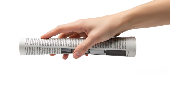 Hand Holding a Rolled Newspaper Against a Pristine White Background