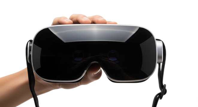 Hand Holding a Sleek Virtual Reality Headset with a Reflective Front