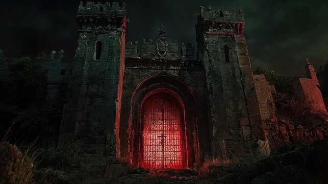 Ominous Ancient Castle Gate Glowing Red at Night, a Mysterious and Foreboding Entrance to a Dark Fantasy Realm