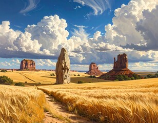 Scenic landscape of Monument Valley with wheat field and dramatic clouds