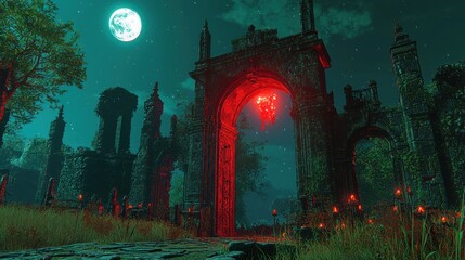 Mystical Night at Ancient Ruins with Glowing Red Portal and Full Moon