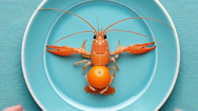 Artistic arrangement of a crayfish and tomato on a turquoise plate