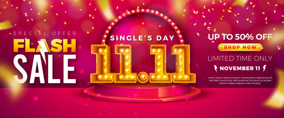 Singles Day 11 November Shopping Day Sale Design with 3d 11.11 Light Bulb Number, Stage Podium and Falling Confetti on Red Background. Chinese Mid Autumn Vector Special Offer Discount Illustration for