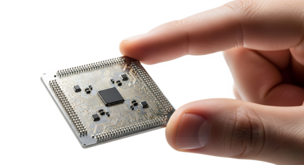 Hand Holding Advanced Microchip Processor on White Background