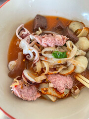 (Yen-Ta-Four) - Thai Style Noodle with assorted tofu and fish ball in Red Soup - Asian food style