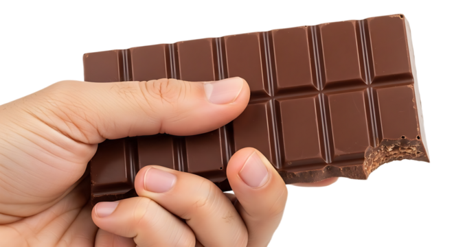 Hand Holding Bitten Milk Chocolate Bar Against White Background