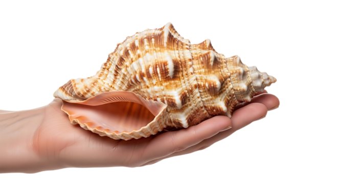 Hand Holding Beautiful Striped Conch Shell Against White Background