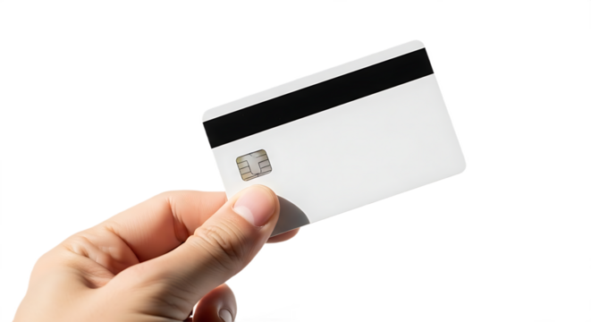 Hand Holding Blank White Credit Card with Emv Chip and Magnetic Stripe