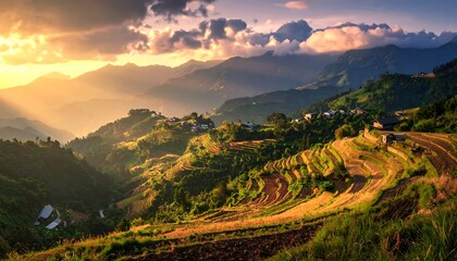 Scenic landscape of mountains and terraced fields during sunset or sunrise