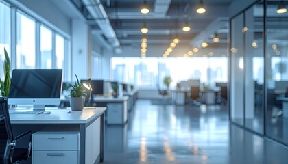 Modern office space. Light, blurred, and pristine desks in row
