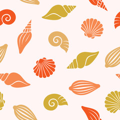 Seamless pattern of orange, red, and green sea shells on beige background for coastal design