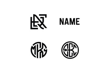 Four black and white logos with monogram initials and the word name above