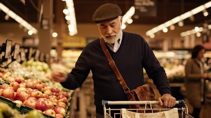 Older man selecting apple pushing cart. Senior shopping in supermarket produce aisle. Grocery market lifestyle shown with fresh produce and confident man. Shopping choice focuses on apple quality. - Powered by Adobe
