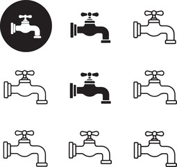 Collection of water tap icons in varying styles on transparent background silhouette