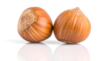Two hazelnuts on a reflective white surface.