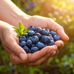 Hands cupping fresh blueberries, sunlight